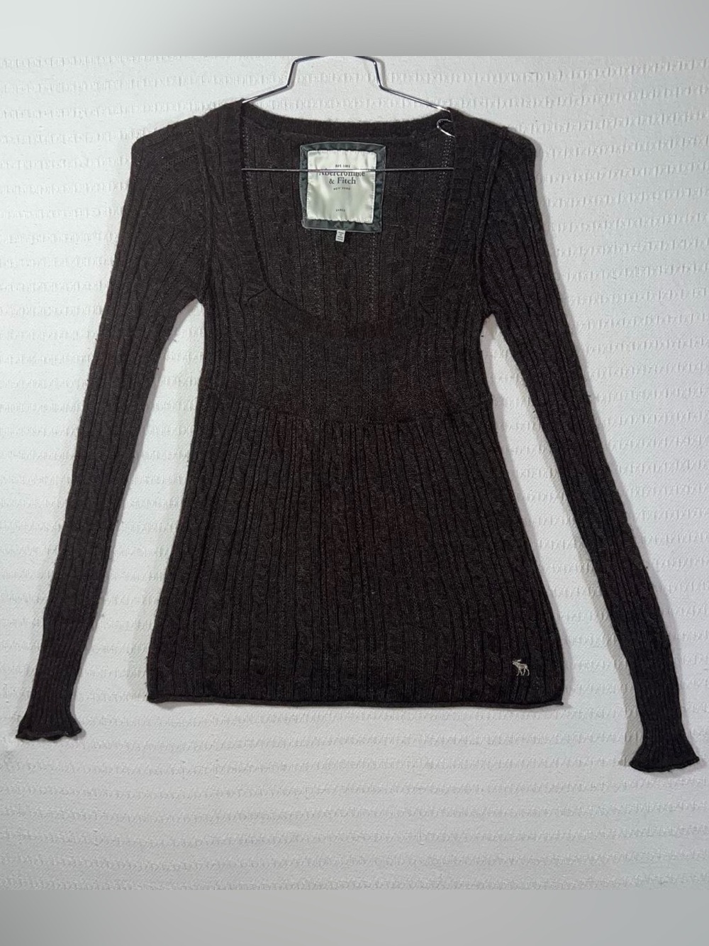 Vintage Abercrombie Womens Y2K Babydoll Sweater Top Moose Logo Size L Brown